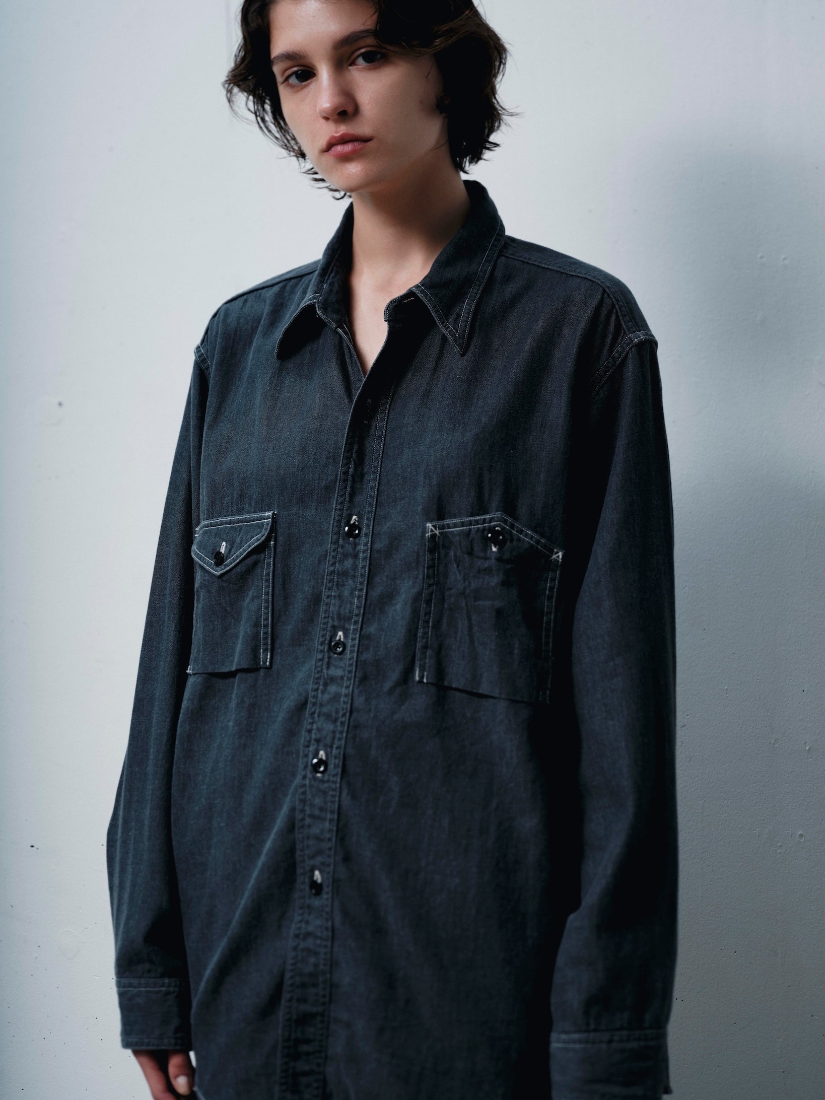 FOUNDOUR DENIM ASYMMETRIC POCKET WORK SHIRT BLACK(ファウンダデニムシンメトリーポケットワークシャツブラック)|ONLINE BOUTIQUE(オンラインブティック)