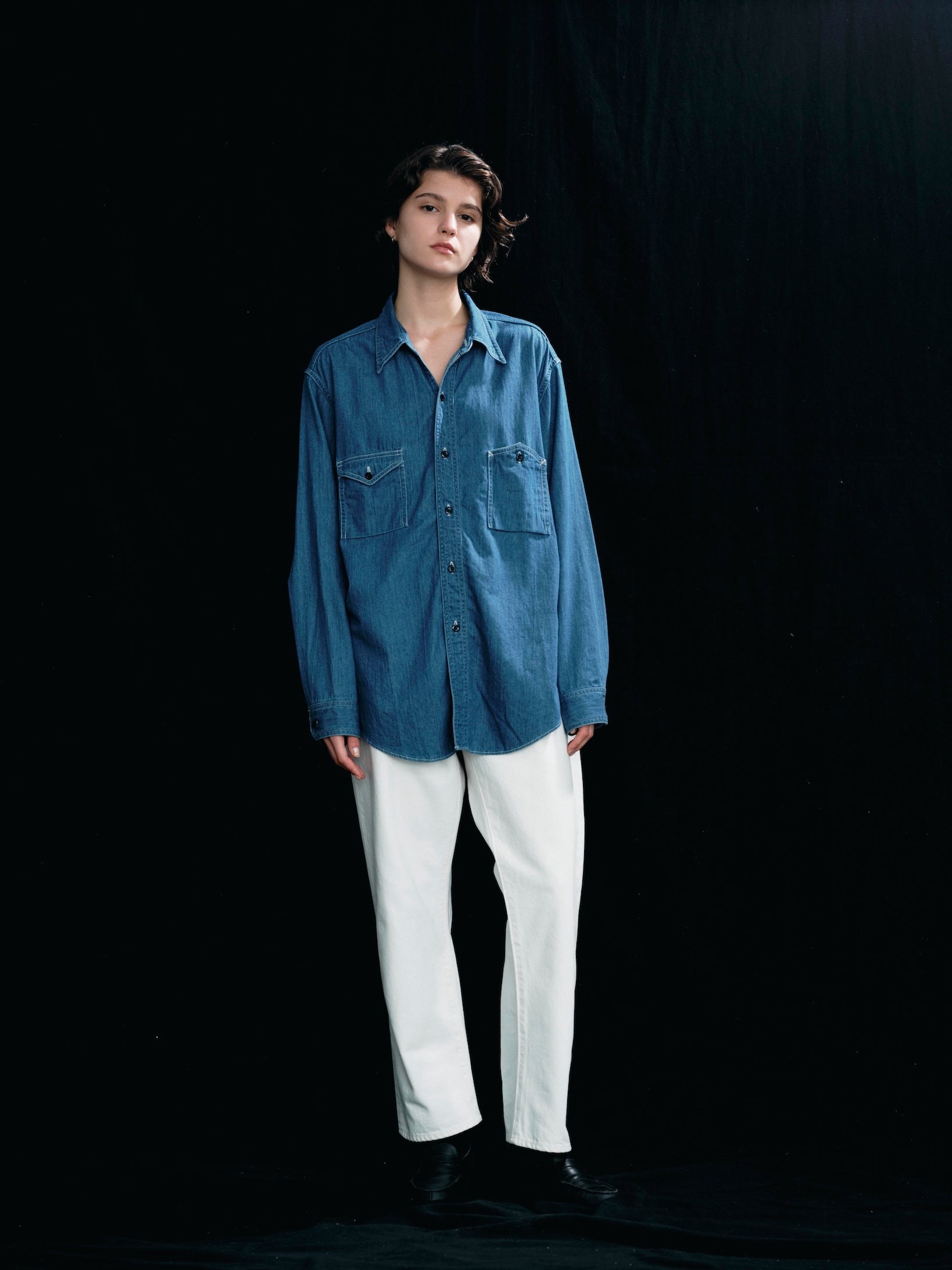 FOUNDOUR DENIM ASYMMETRIC POCKET WORK SHIRT BLUE(ファウンダデニムシンメトリーポケットワークシャツブルー)|ONLINE BOUTIQUE(オンラインブティック)