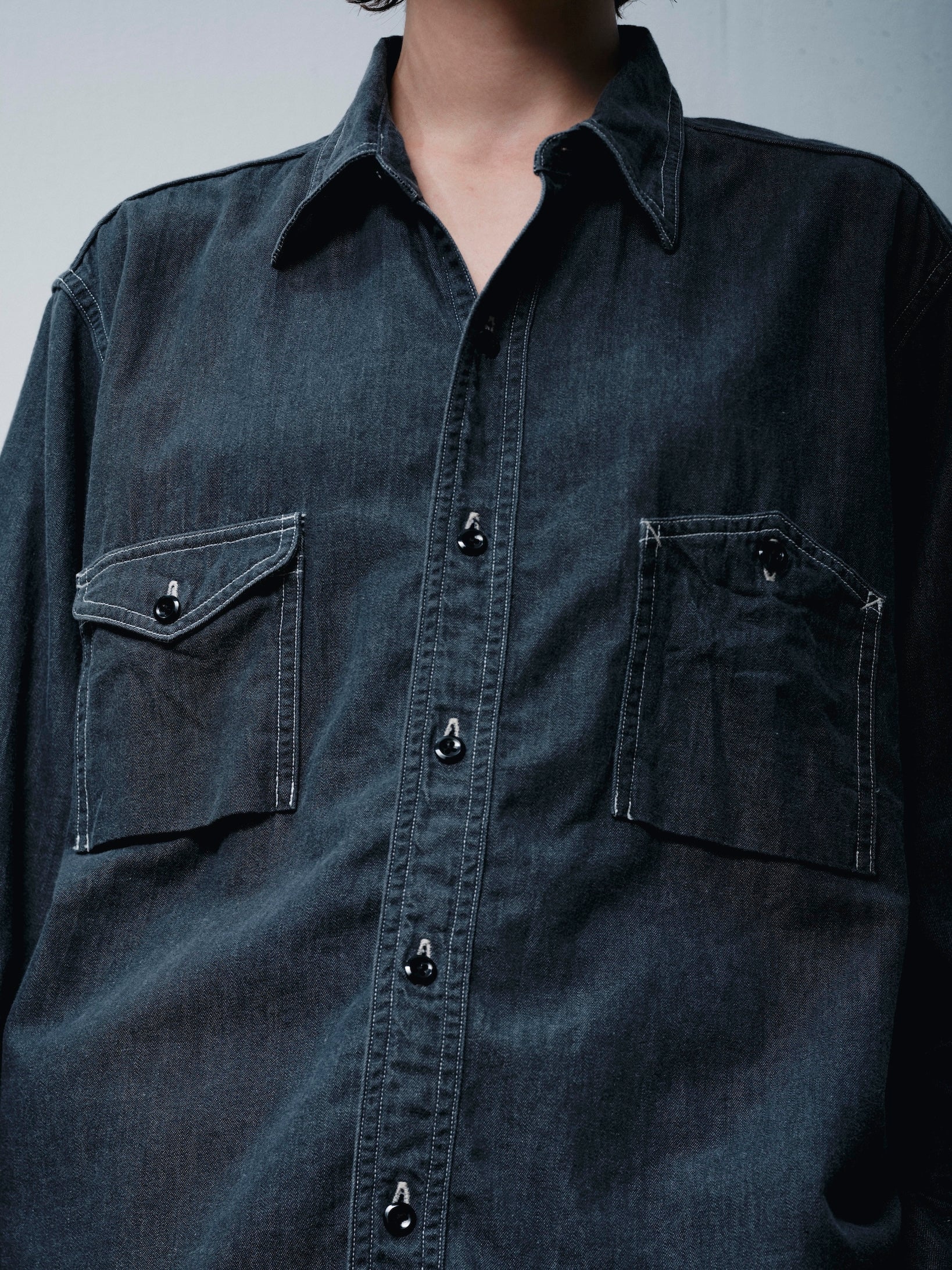 FOUNDOUR DENIM ASYMMETRIC POCKET WORK SHIRT BLACK（ファウンダデニムシンメトリーポケットワークシャツブラック）｜ONLINE BOUTIQUE（オンラインブティック）