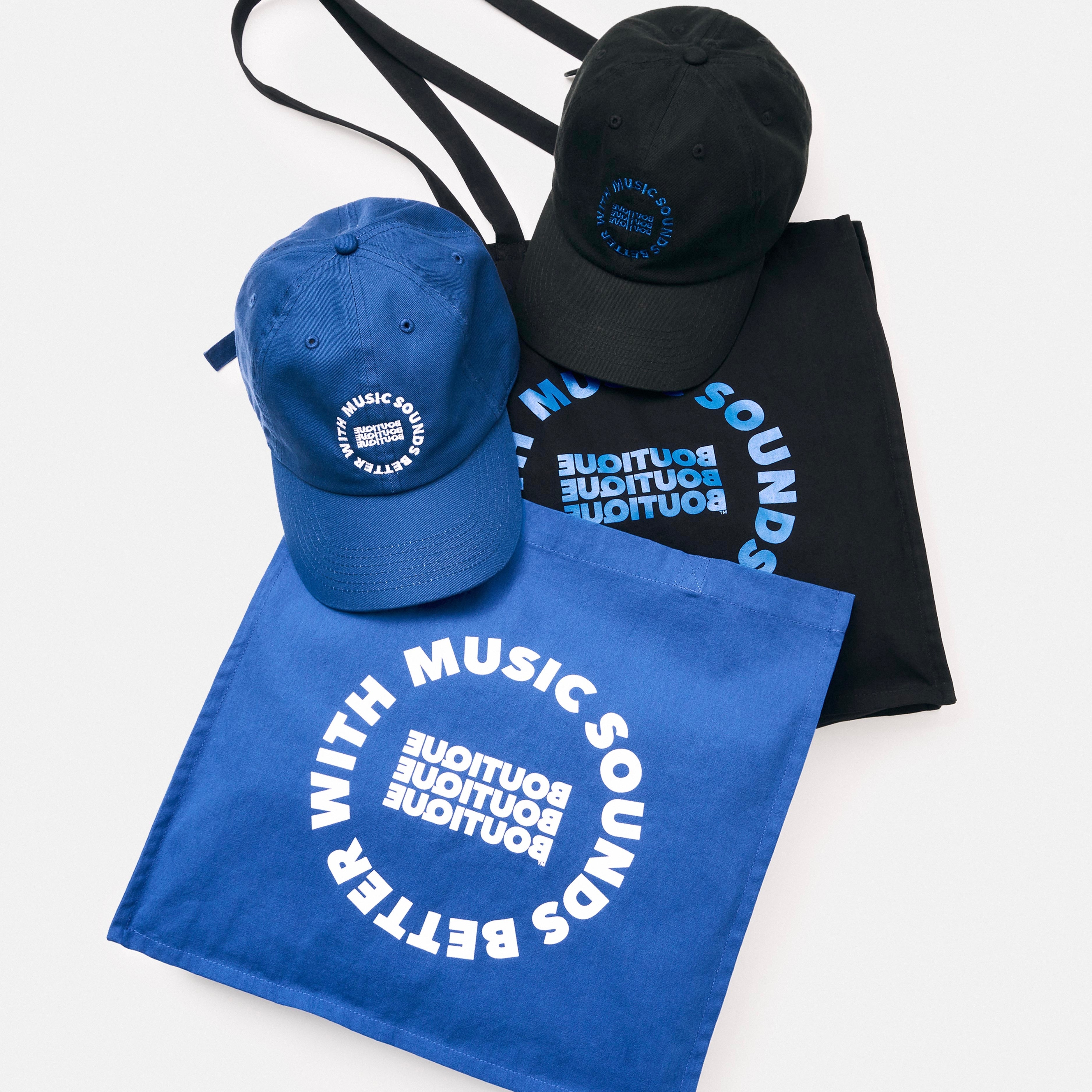 MUSIC SOUNDS BETTER WITH BOUTIQUE TOTE BAG BLUE（ミュージックサウンドベターウィズブティックトートバッグブルー）｜ONLINE BOUTIQUE（オンラインブティック）