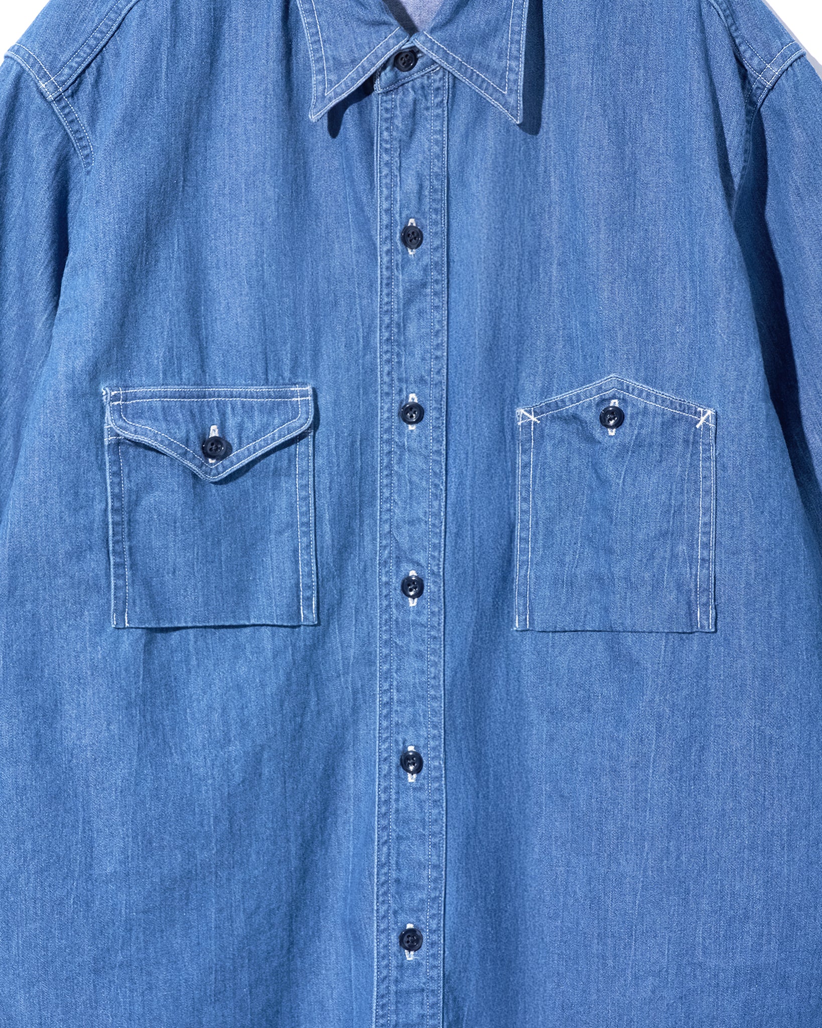 FOUNDOUR DENIM ASYMMETRIC POCKET WORK SHIRT BLUE（ファウンダデニムシンメトリーポケットワークシャツブルー）｜ONLINE BOUTIQUE（オンラインブティック）