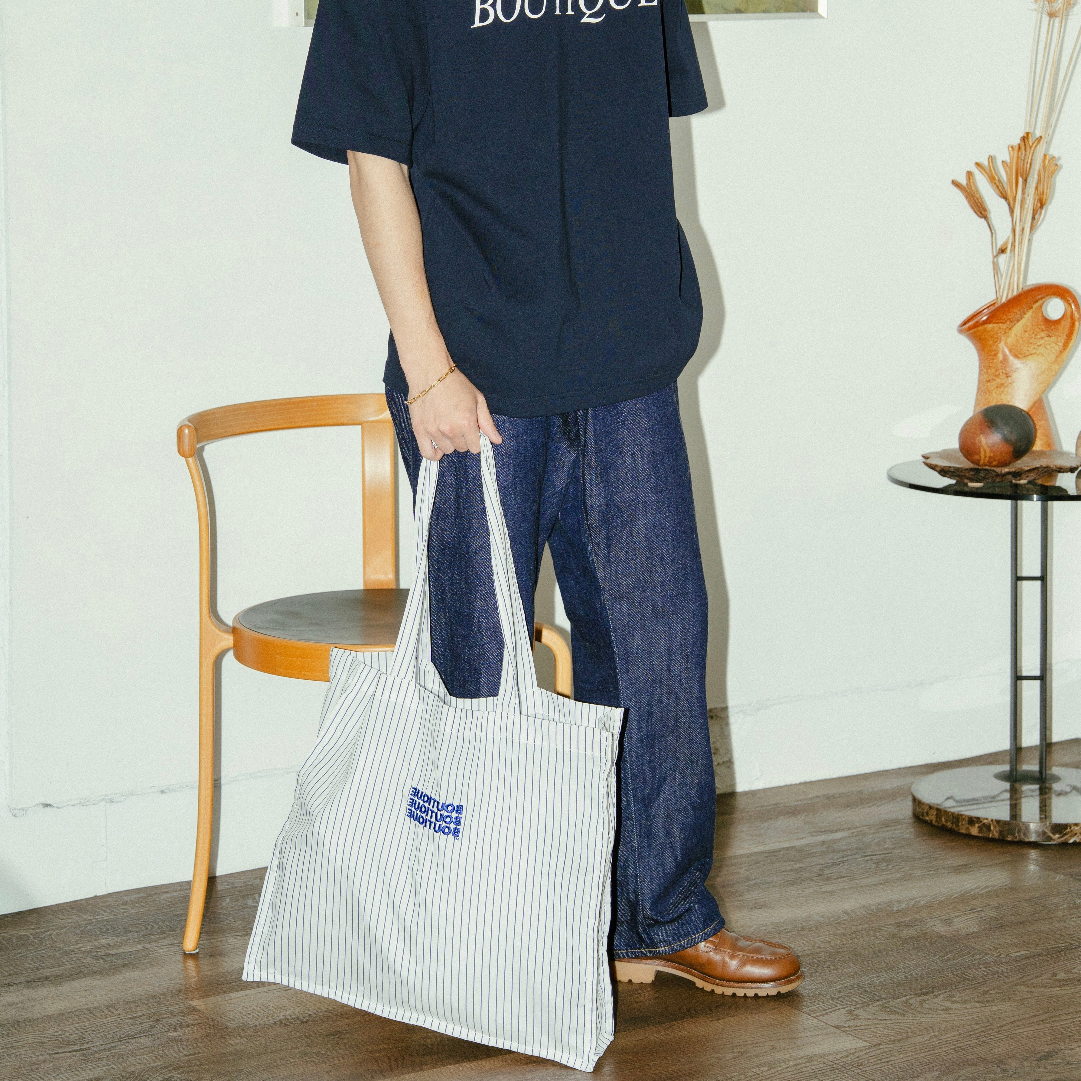 would.U トートバック　White stripe BOUTIQUE FABRIC TOTE BAG WHITE STRIPE（ブティックファブリック