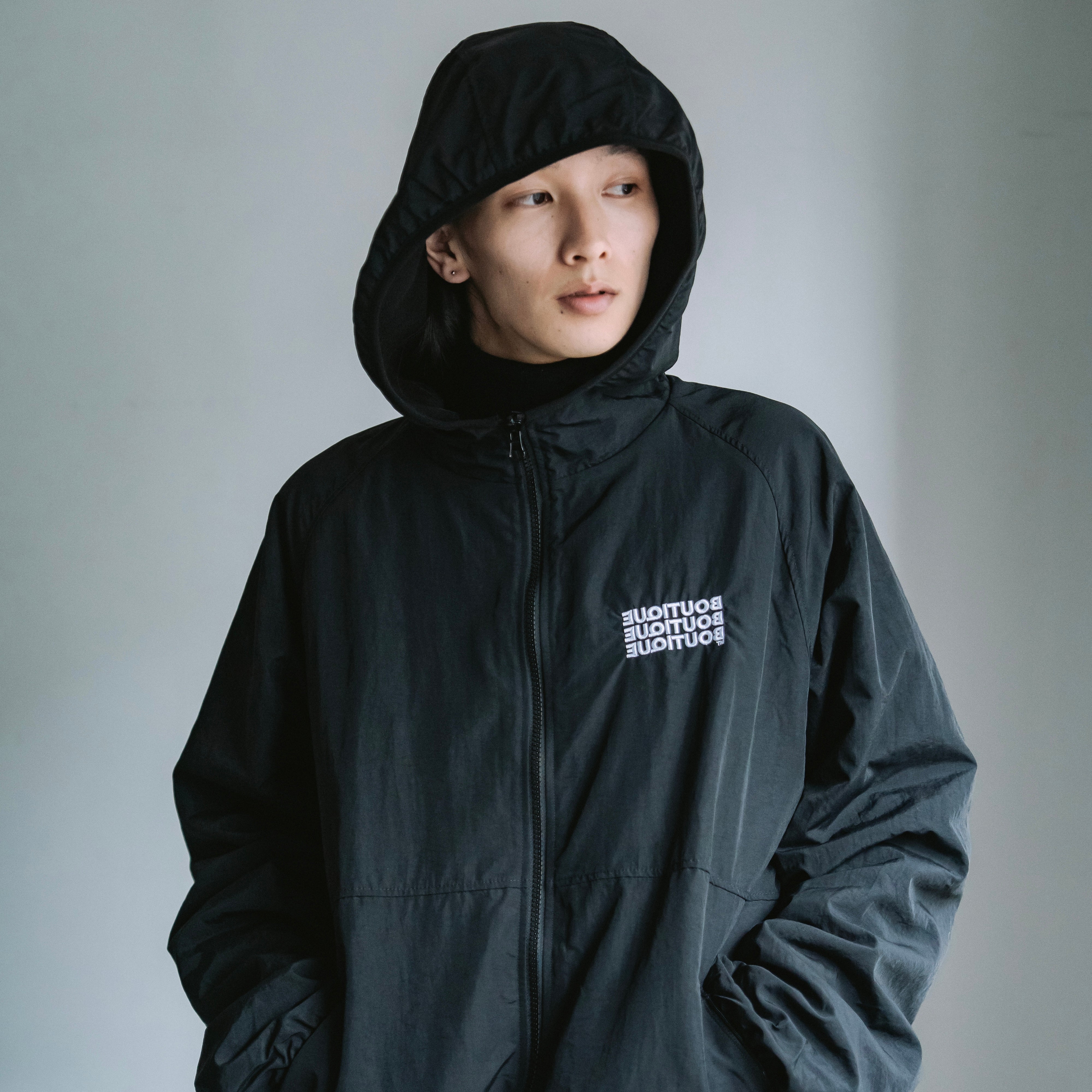 BOUTIQUE NYLON × FLEECE REVERSIBLE ZIP UP HOODIE BLACK（ブティック